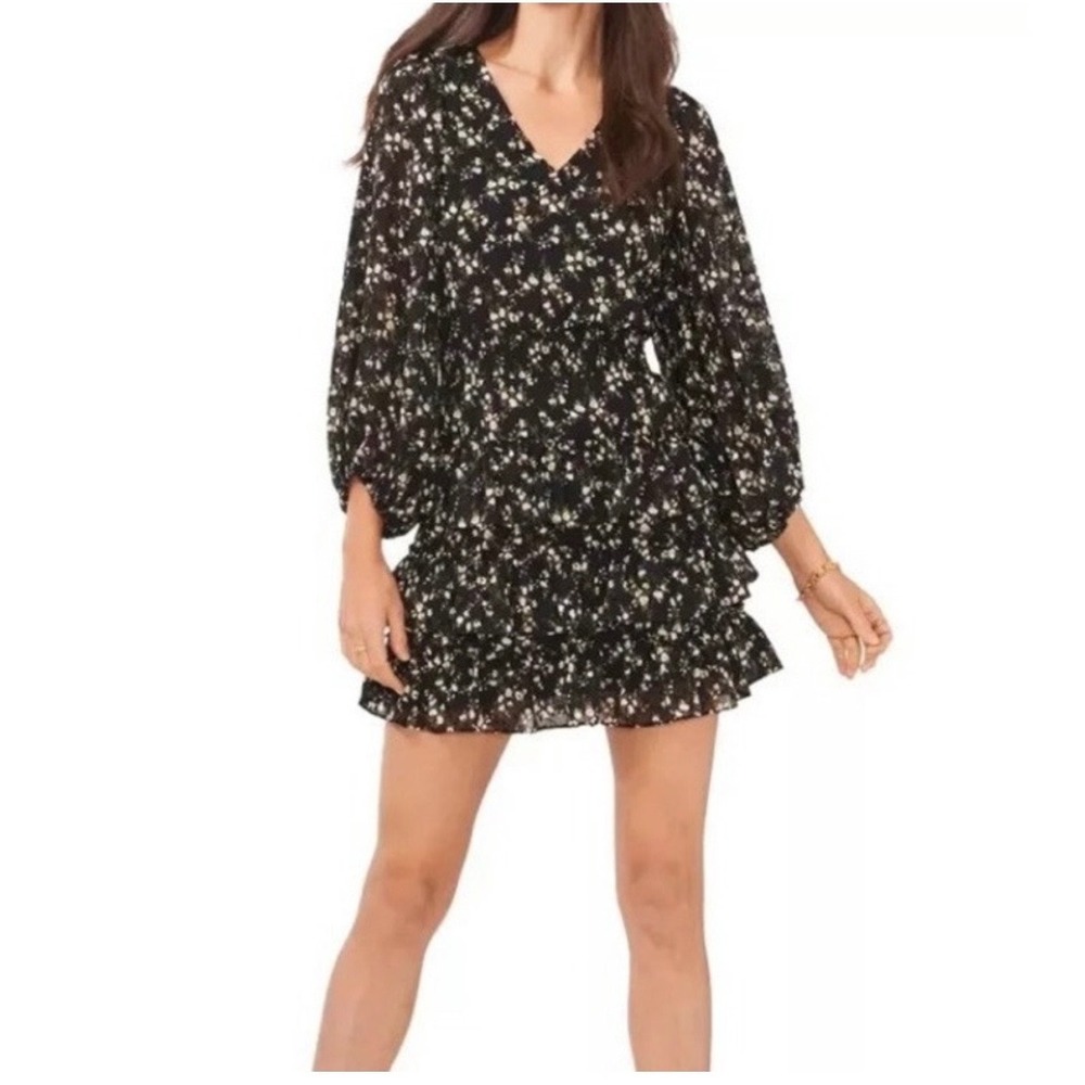 Vince Camuto Black Floral Smocked Waist Ruffle Tiered Mini 80s Chic Coquette
